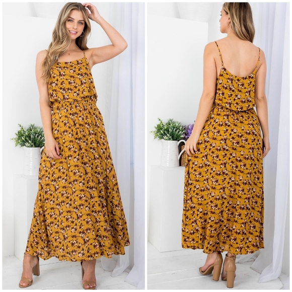 AUDREY 3+1 Mustard Floral Flounce Top Spaghetti Straps Maxi Dress - Picture 6 of 9